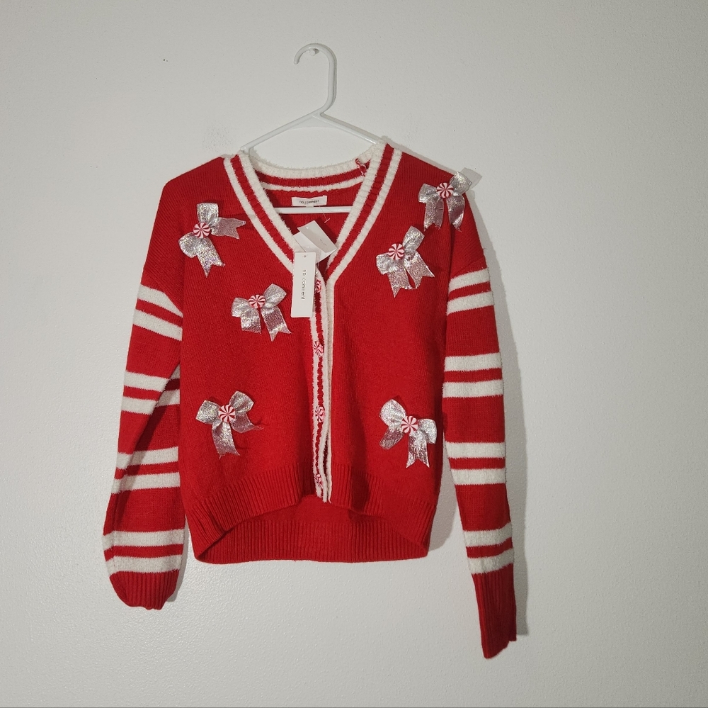 Red and White Women's Sweater with Bow Accents